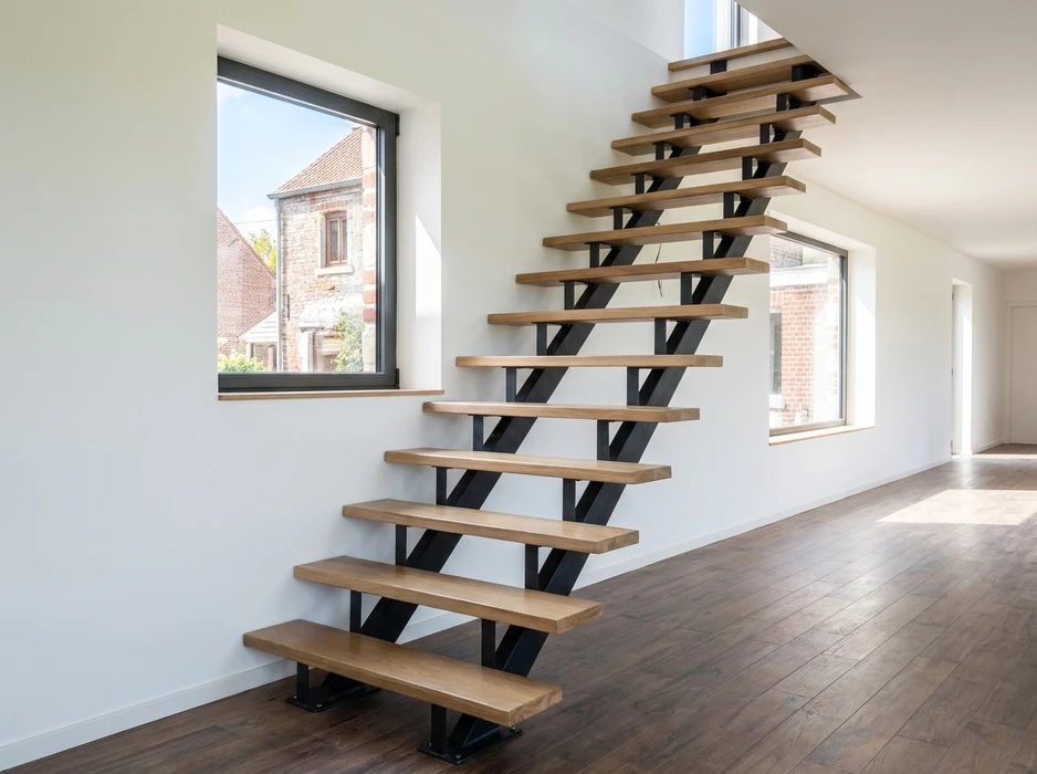 Escalier droit moderne en structure métallique noire avec marches en bois massif type chêne, sans contremarches ni rampe