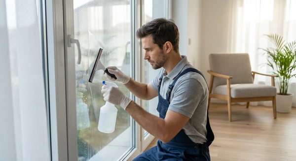 Un artisan professionnel en tenue de travail appliquant un film de protection transparent ou teinté sur une baie vitrée ou une fenêtre d'intérieur, utilisant une raclette pour lisser le film et éliminer les bulles d'air, dans un environnement résidentiel moderne.