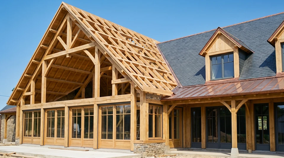 Chantier de construction extérieur avec charpente en bois en cours d'assemblage