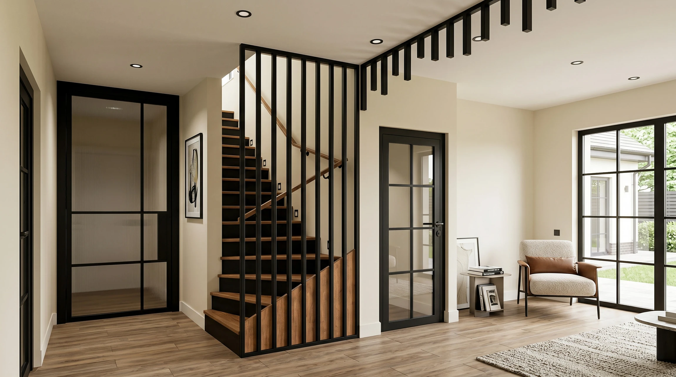 Escalier extérieur moderne avec rampe d'accès métallique et garde-corps en acier inoxydable sur façade de bâtiment contemporain