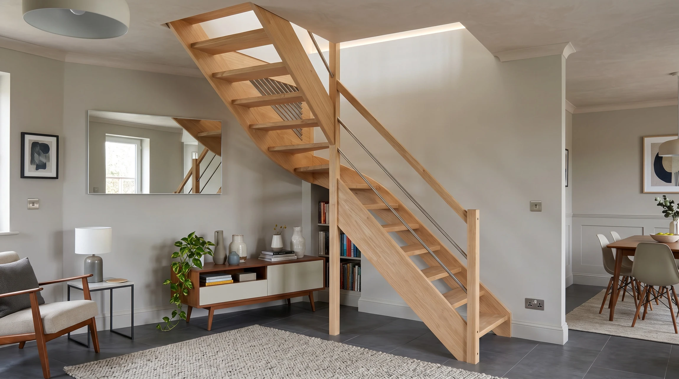 Escalier moderne en bois clair avec garde-corps en verre trempé et main courante en chêne