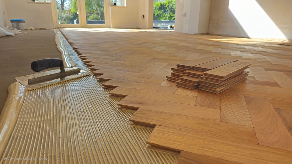 Chantier de construction intérieur, pose de parquet flottant sur surface préparée