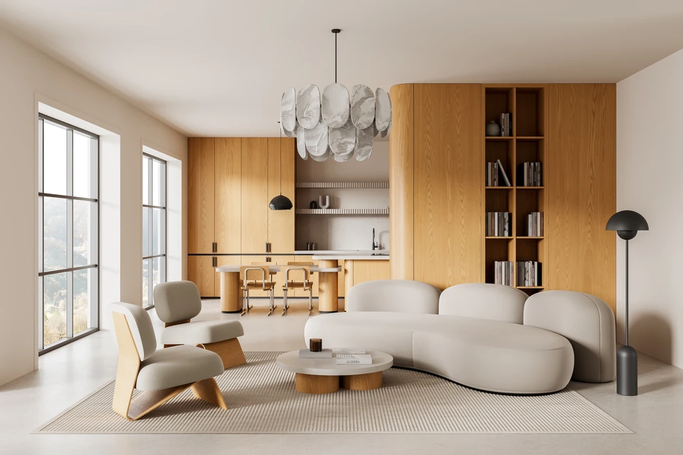 Intérieur résidentiel moderne avec escalier en bois massif, parquet en chêne naturel, murs blancs et cloisons ouvertes